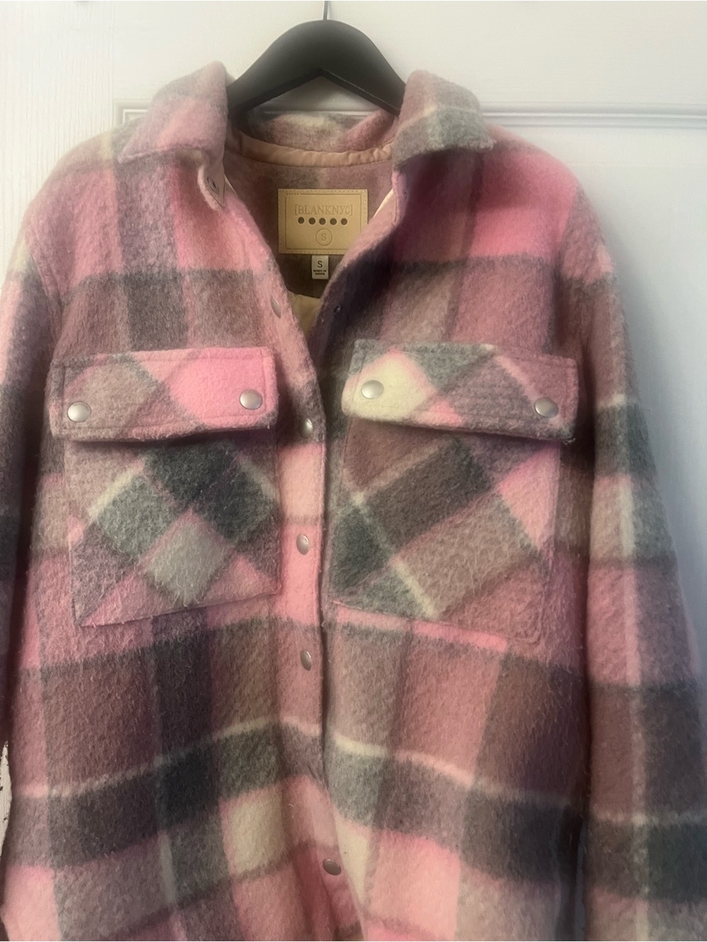 BLANKNYC Womens Plaid Snap-Front Wool-Blend Shirt Jacket - Pink & Gray